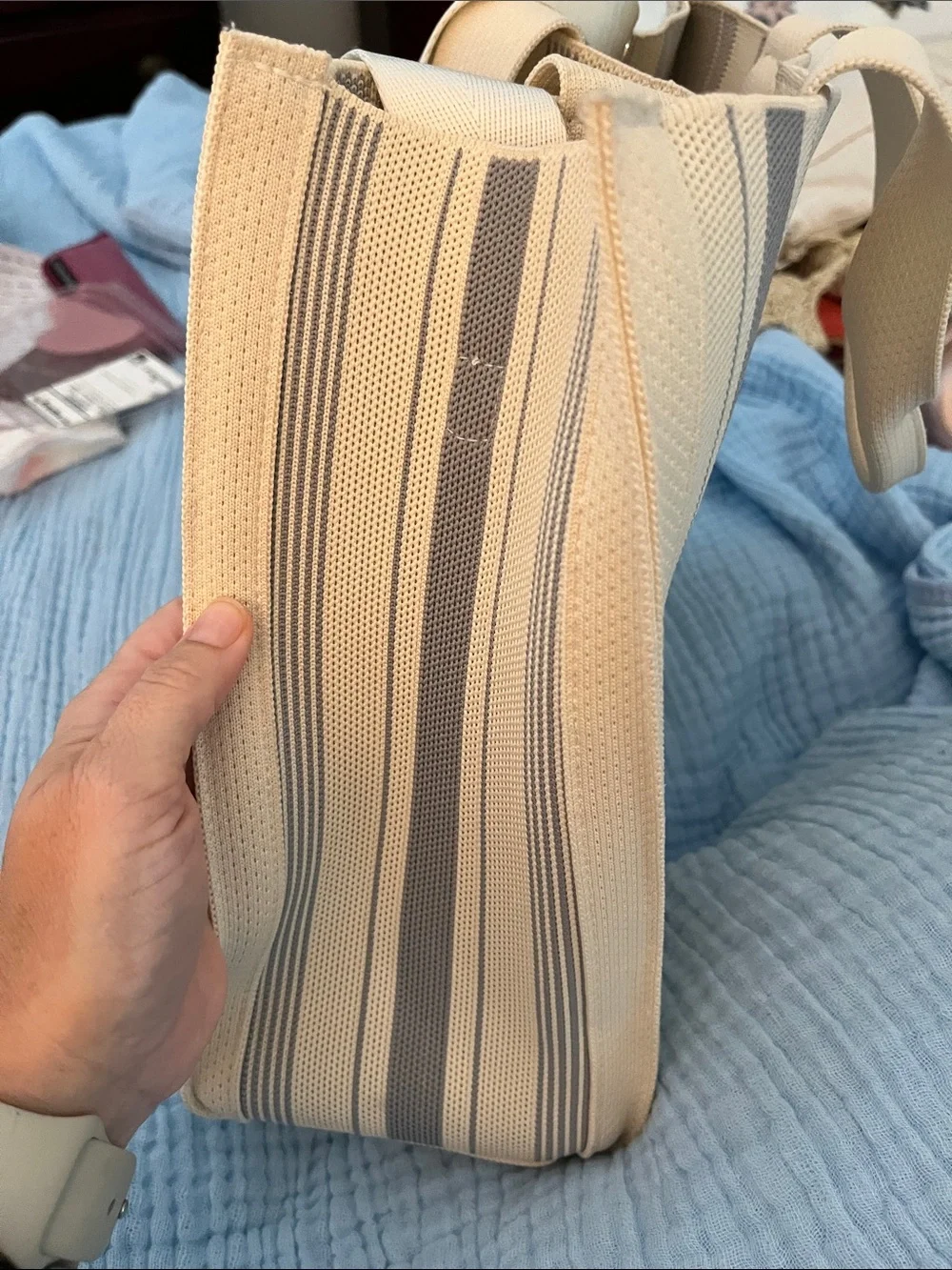 Wild Flower Cream & Gray Striped Canvas Tote with Tassel Accent